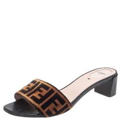 Pre Owned Fendi Brown FF Zucca Velvet Slide Sandals Size 40