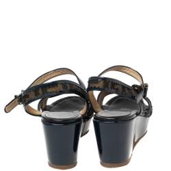 Pre Owned Fendi Brown/Blue Zucca Canvas and Patent Leather Wedge Sandals Size 38