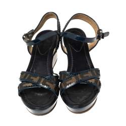 Pre Owned Fendi Brown/Blue Zucca Canvas and Patent Leather Wedge Sandals Size 38