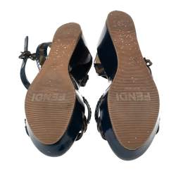 Pre Owned Fendi Brown/Blue Zucca Canvas and Patent Leather Wedge Sandals Size 38
