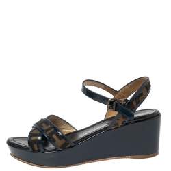 Pre Owned Fendi Brown/Blue Zucca Canvas and Patent Leather Wedge Sandals Size 38