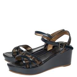 Pre Owned Fendi Brown/Blue Zucca Canvas and Patent Leather Wedge Sandals Size 38