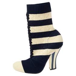 Pre Owned Fendi Navy Blue/Cream Striped Knit Fabric Sock Boots Size 37