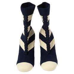 Pre Owned Fendi Navy Blue/Cream Striped Knit Fabric Sock Boots Size 37