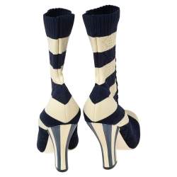Pre Owned Fendi Navy Blue/Cream Striped Knit Fabric Sock Boots Size 37