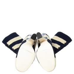 Pre Owned Fendi Navy Blue/Cream Striped Knit Fabric Sock Boots Size 37