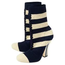 Pre Owned Fendi Navy Blue/Cream Striped Knit Fabric Sock Boots Size 37