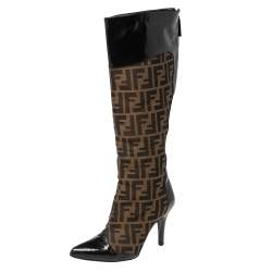 Fendi Brown Logo Canvas and Patent Leather Pointed-Toe Calf Boots Size 37