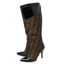 Pre Owned Fendi Brown Logo Canvas and Patent Leather Pointed-Toe Calf Boots Size 37
