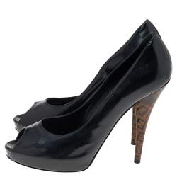 Fendi Black Patent Leather Zucchino Heel Peep Toe Platform Pumps Size 39