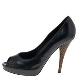 Fendi Black Patent Leather Zucchino Heel Peep Toe Platform Pumps Size 39