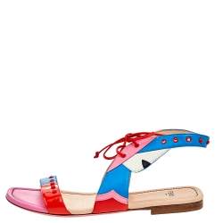 Fendi Multicolor Leather And Patent Leather Ankle Cuff Flat Sandals Size 37