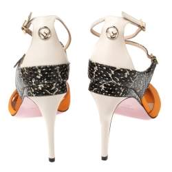 Pre Owned Fendi Multicolor Satin And Leather Criss Cross Ankle Strap Sandals Size 38