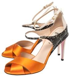 Pre Owned Fendi Multicolor Satin And Leather Criss Cross Ankle Strap Sandals Size 38