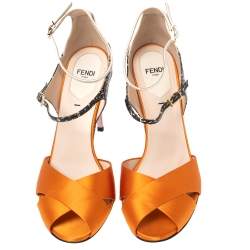 Pre Owned Fendi Multicolor Satin And Leather Criss Cross Ankle Strap Sandals Size 38