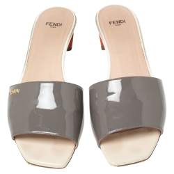 Pre Owned Fendi Grey Patent Leather Slide Sandals Size 40