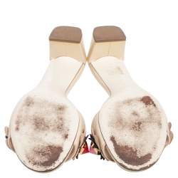 Fendi Beige Patent Leather Flowerland Embellished Block Heel Slides Size 38