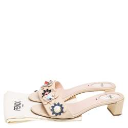 Fendi Beige Patent Leather Flowerland Embellished Block Heel Slides Size 38