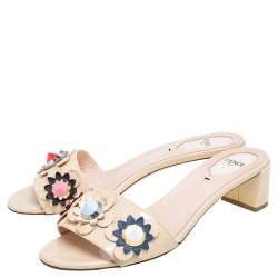 Fendi Beige Patent Leather Flowerland Embellished Block Heel Slides Size 38