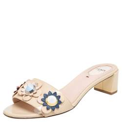 Fendi Beige Patent Leather Flowerland Embellished Block Heel Slides Size 38