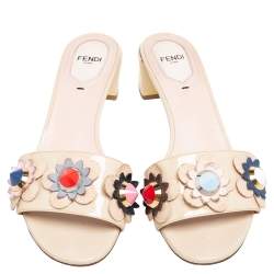 Fendi Beige Patent Leather Flowerland Embellished Block Heel Slides Size 38