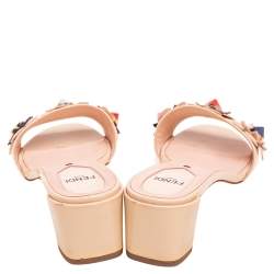 Fendi Beige Patent Leather Flowerland Embellished Block Heel Slides Size 38