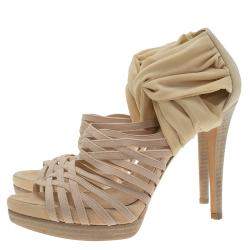 Pre Owned Fendi Beige Fabric and Suede Strappy Platform Sandals Size 37