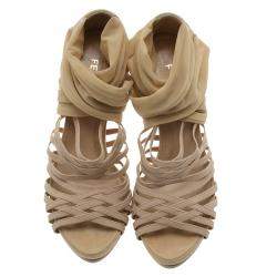 Pre Owned Fendi Beige Fabric and Suede Strappy Platform Sandals Size 37