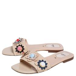 Pre Owned Fendi Beige Patent Leather Embellished Flat Slides Size 37