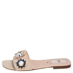 Pre Owned Fendi Beige Patent Leather Embellished Flat Slides Size 37