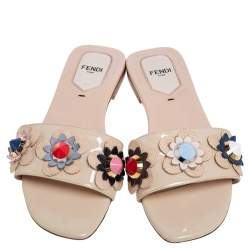 Pre Owned Fendi Beige Patent Leather Embellished Flat Slides Size 37