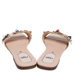 Pre Owned Fendi Beige Patent Leather Embellished Flat Slides Size 37
