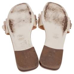 Pre Owned Fendi Beige Patent Leather Embellished Flat Slides Size 37
