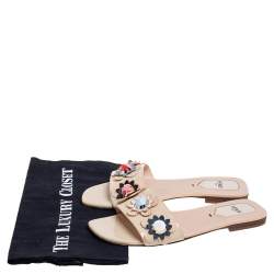 Pre Owned Fendi Beige Patent Leather Embellished Flat Slides Size 37