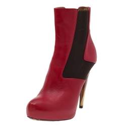 Fendi Red/Brown Leather And Stretch Fabric Platform Ankle Boots Size 37.5