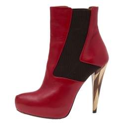 Fendi Red/Brown Leather And Stretch Fabric Platform Ankle Boots Size 37.5