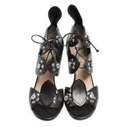 Pre Owned Fendi Black Leather Flowerland Embellished Sandals Size 38