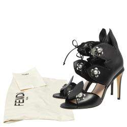 Pre Owned Fendi Black Leather Flowerland Embellished Sandals Size 38