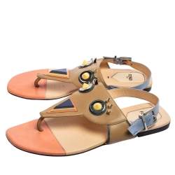 Pre Owned Fendi Multicolor Leather Monster Studded Flat Sandals Size 39.5