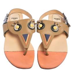 Pre Owned Fendi Multicolor Leather Monster Studded Flat Sandals Size 39.5