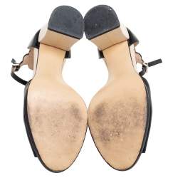 Pre Owned Fendi Black/Beige Laser Cut Leather Block Heel Ankle Strap Sandals Size 36.5