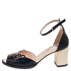 Pre Owned Fendi Black/Beige Laser Cut Leather Block Heel Ankle Strap Sandals Size 36.5