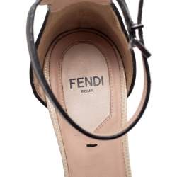 Pre Owned Fendi Black/Beige Laser Cut Leather Block Heel Ankle Strap Sandals Size 36.5