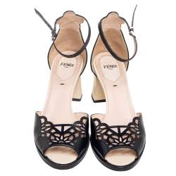 Pre Owned Fendi Black/Beige Laser Cut Leather Block Heel Ankle Strap Sandals Size 36.5