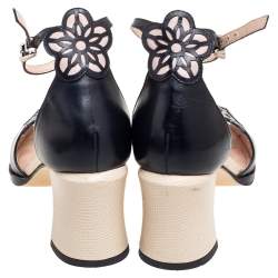 Pre Owned Fendi Black/Beige Laser Cut Leather Block Heel Ankle Strap Sandals Size 36.5