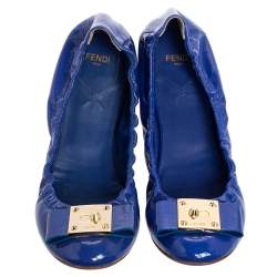 Pre Owned Fendi Royal Blue Patent Leather Bow Detail Scrunch Ballet Flats Size 41