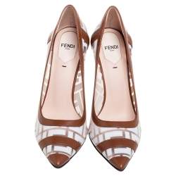 Pre Owned Fendi Brown/White Zucca PVC and Leather Trim Colibri Pumps Size 37.5