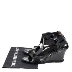 Pre Owned Fendi Black Patent Leather And Elastic T-Strap Espadrille Wedge Sandals Size 36.5