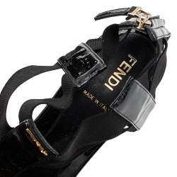 Pre Owned Fendi Black Patent Leather And Elastic T-Strap Espadrille Wedge Sandals Size 36.5