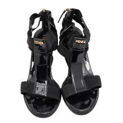 Pre Owned Fendi Black Patent Leather And Elastic T-Strap Espadrille Wedge Sandals Size 36.5